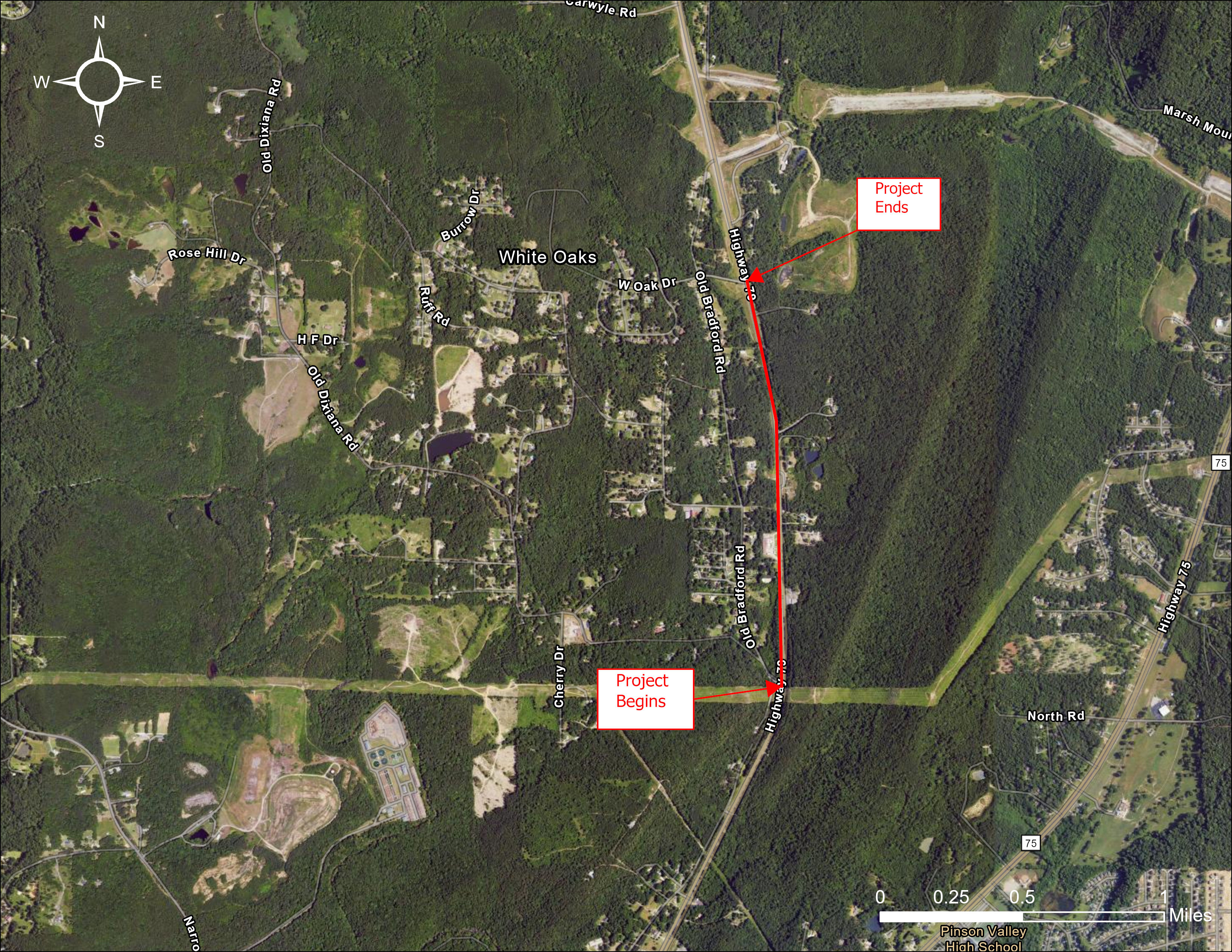 A map showing the vincinity of the proposed AL-79 widening project. The project is in Jefferson County, along AL-79 from Old Bradford Road north approximately 1 mile.